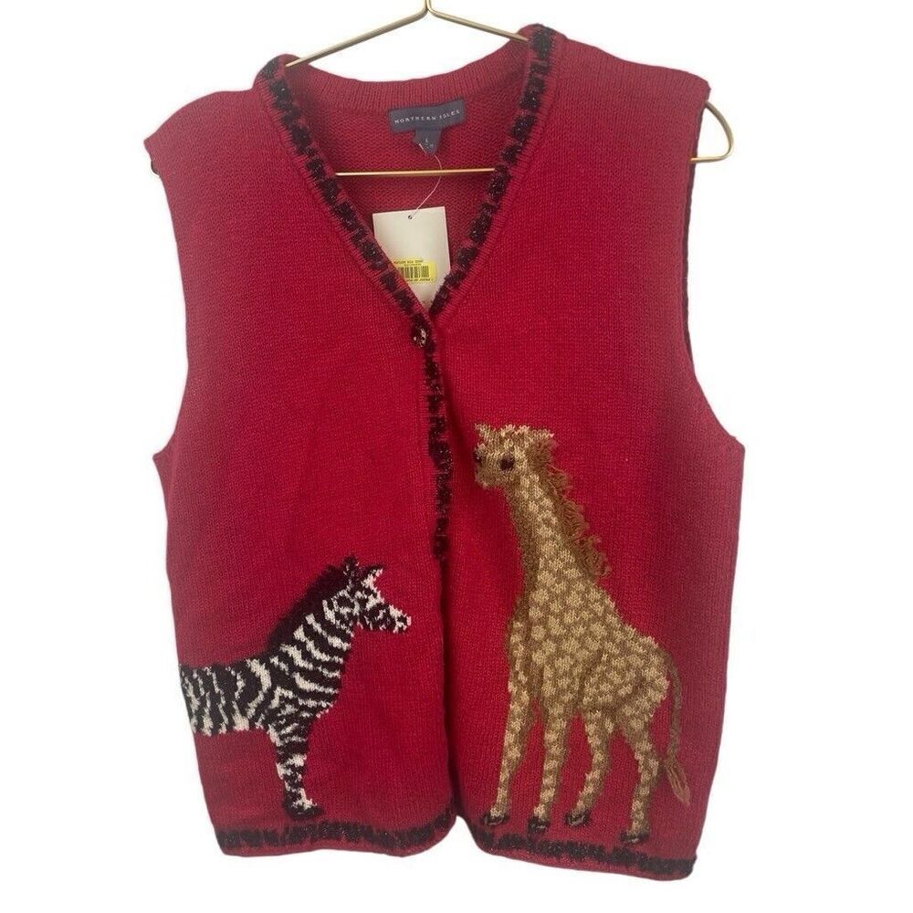 NWT Northern Isles Safari Animals Sweater Vest Red $79 195820 Size L